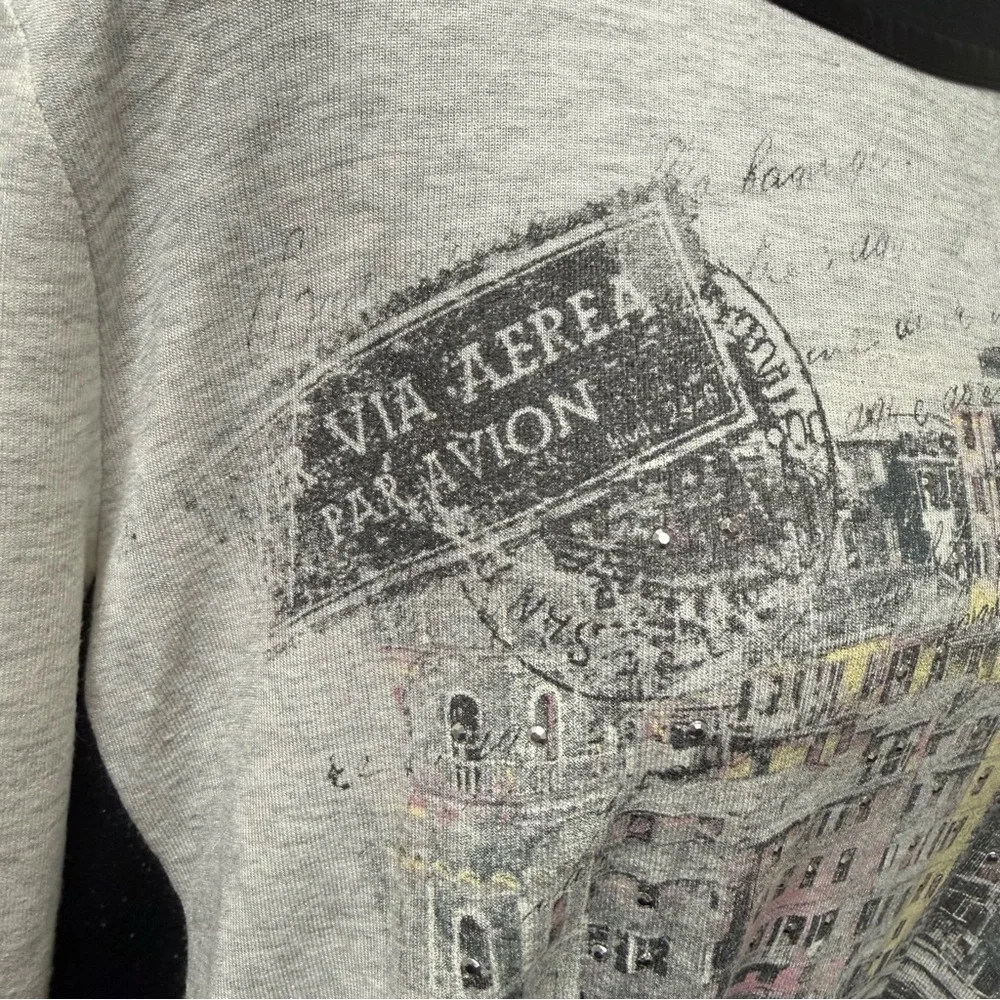 Cato Cream Black Graphic Top XL Paris City Print Rhinestone Long Sleeve - Picture 4 of 12